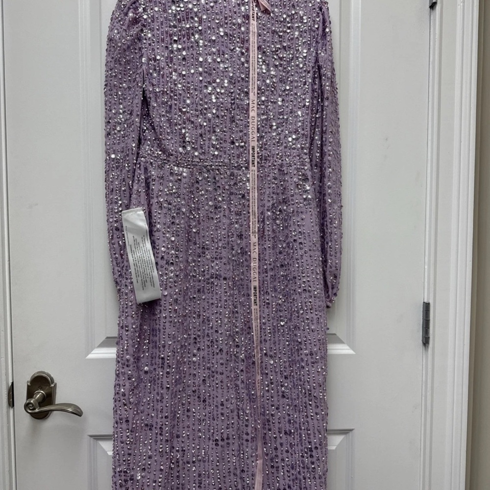 NWT Mac Duggal Purple Sequined Puff Sleeve V Neck Midi Lavender 14 - Picture 10 of 16